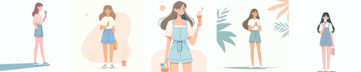 Set of Stylish Young Girls Eating Ice Cream – Flat Design Vector Illustration