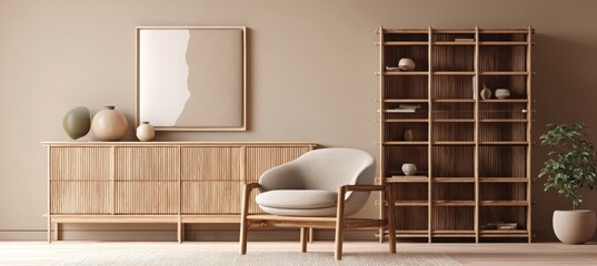 Modern interior design of a living room with a wooden cabinet and armchair against a beige wall background, a mock-up for artwork or product presentation.