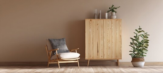 Modern interior design of a living room with a wooden cabinet and armchair against a beige wall background, a mock-up for artwork or product presentation.