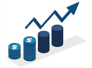 Increasing financial growth is represented by blue trading chart with coins, showcasing positive trend. This symbolizes investment success and economic progress