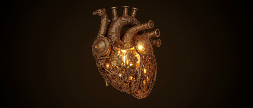 Generative AI Steampunk Heart: Mechanical Love Heart Gears Pipes Anatomy Organ 3d render Bronze Copper Machine Clockwork Vintage Retro Futuristic Technology Engineering - Powered by Adobe