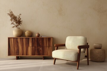 Modern interior design with a wooden cabinet and armchair on a beige wall background, in a minimalist style.