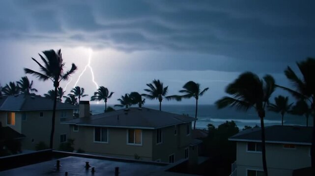 Dramatic Lightning Strike over Tropical Coastal Houses during a Powerful Storm 4k Video