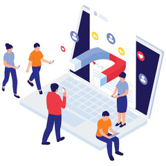 Social Network Illustration. Vector illustration of Group of people interacting with a social post designed to attract attention. Isolated on background