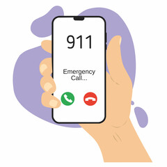 call ambulance via mobile phone device, emergency call 911 concept illustration flat design vector icon
