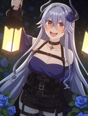 Anime Girl with Lanterns in Garden