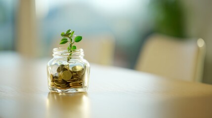 Small glass jar filled with gold-colored coins on a light wooden table, featuring a young green plant with small leaves symbolizing growth and prosperity, 