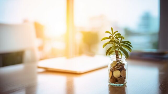 Small green plant growing in glass jar filled with gold coins on dark wooden table, warm sunlight streaming through window, cozy urban background.