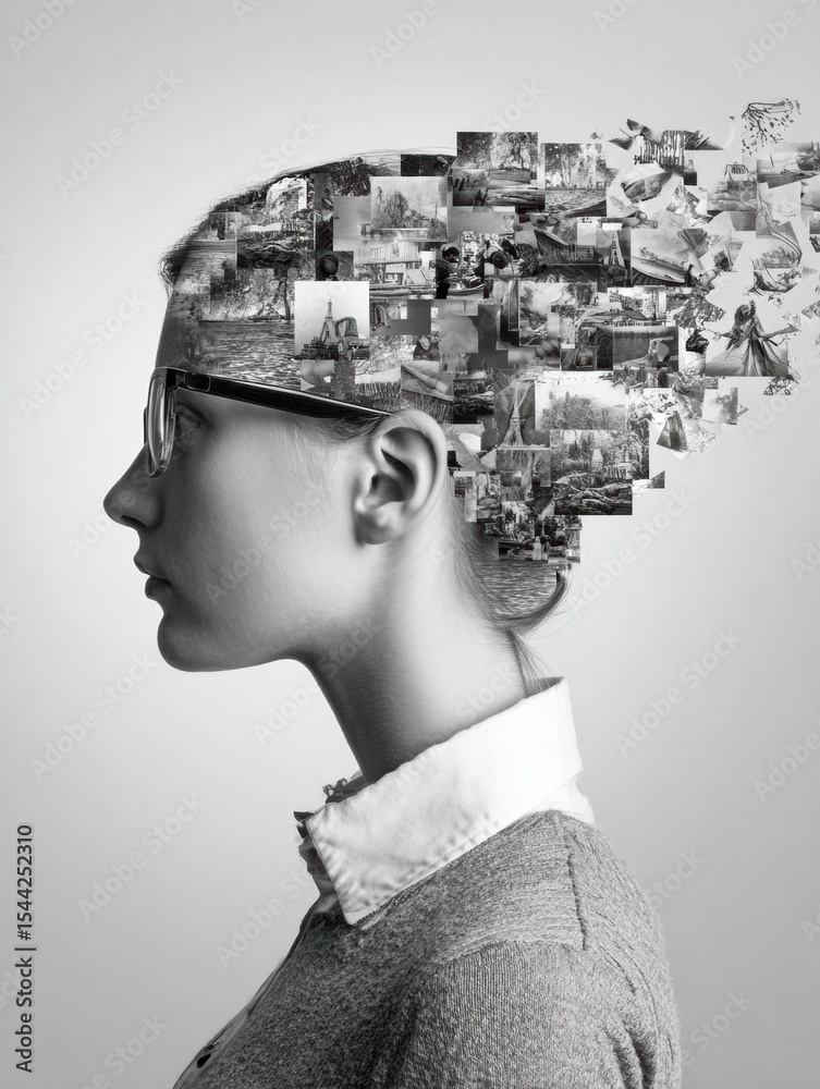 Poster cognitive distortions and reframing techniques illustrated through a creative representation of a th