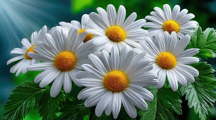 Fototapeta premium White Daisy Flower Blossom with Yellow Center and Green Leaf
