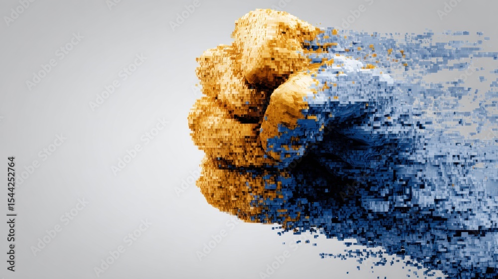 Poster Clenched Fist Disintegrating Into Pixels Against a Soft Gradient Backdrop