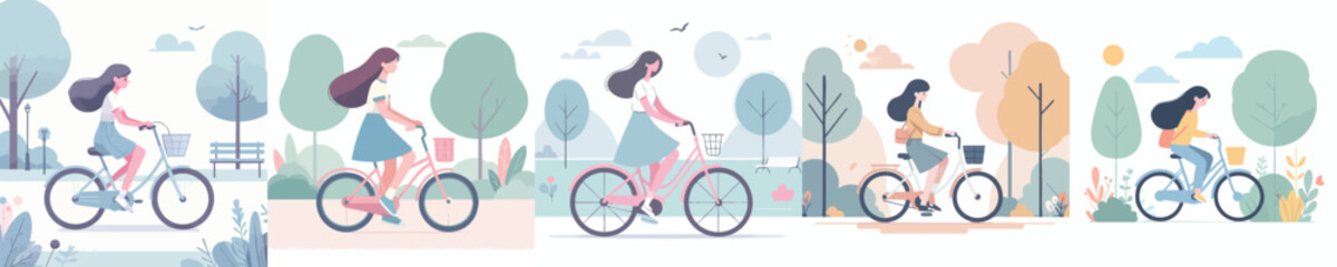 Set of Young Women Riding Bicycles Outdoors – Minimal Flat Design Vector Collection