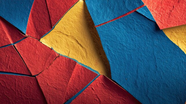 Colorful abstract background with cracked paper texture in retro colors, flat lay design featuring copy space and abstract colored geometric pattern of wall cracks, 3D rendering illustration.