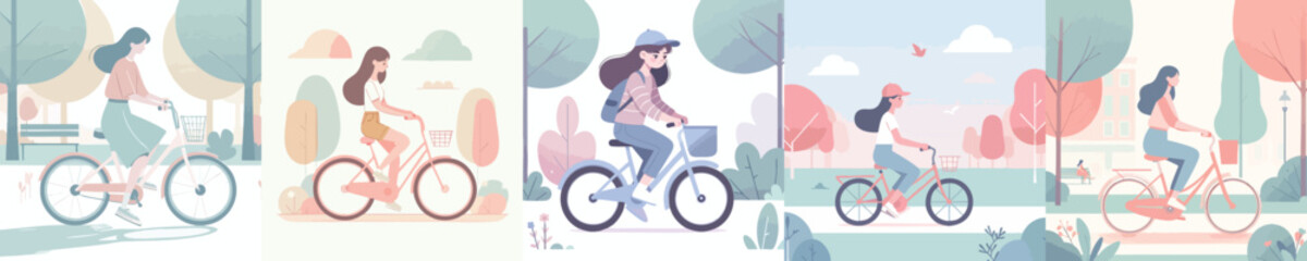 Stylish Young Women Cycling in City Park – Minimalist Outdoor Vector Illustration Set