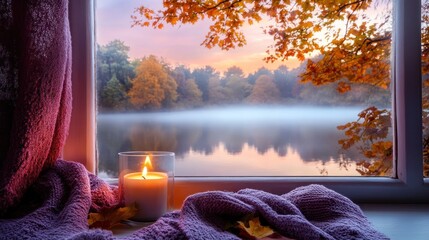 Autumnal window view with candle
