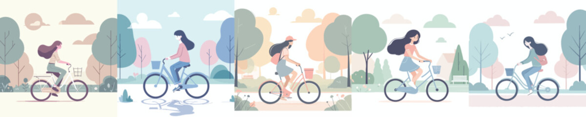 Young Women Riding Bicycles in Nature – Minimalist Outdoor Activity Vector Collection