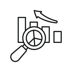 Pie chart with magnifier in line style builds a clean and focused data review icon.