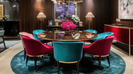 Round dining table with vibrant chairs