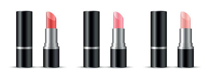 Obraz premium Set of three open lipsticks in black and silver tubes: red, bright pink, nude pink — realistic vector cosmetic mockup