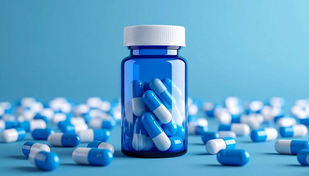 Blue pill bottle with white lid full of blue, white pills focus of vibrant modern pharmaceutical advertisement. Colorful pills showcase health care product. Modern design of pill bottle eye catching.