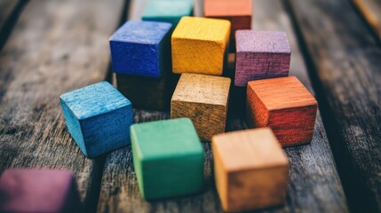 Colorful wooden blocks on weathered wood