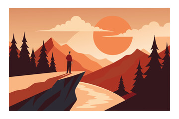 Fototapeta premium Mountain View Vista Silhouette Figure on Cliffside Peak at Dusk with Forest