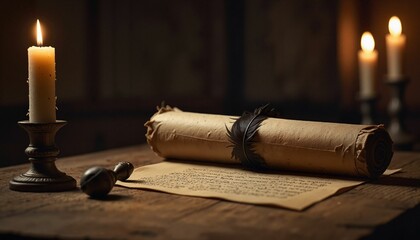 Vintage scroll and documents on wooden table with lit candles  