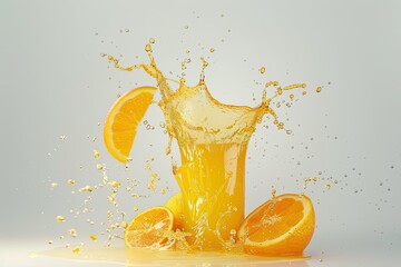 High Definition Visual of Orange Juice Splashing with Its Fruits Isolated on White
