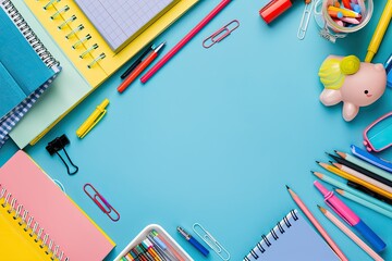 School Stationery on Color Background Top View with Copy Space Flat Lay Back to School Concept