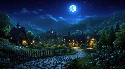 Nightfall village nestled in mountains.  Full moon, starry sky.  Cozy, quaint houses with dark roofs.  Cobblestone path winds through. Lush greenery