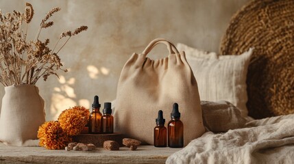 Beige bag with amber bottles, dried flowers