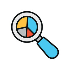 Pie chart with multicolor details and soft blue magnifier presents a fresh finance icon.