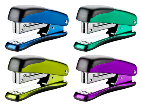 shiny stapler in four colors isolated on white background