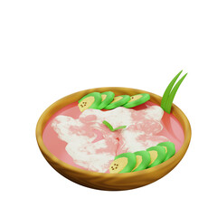 3D illustration of Indonesian traditional Pisang Ijo, green banana dessert served with sweet syrup and creamy coconut milk, a popular treat.