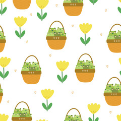 cute drawing cartoon frog with flowers and leaves in the basket, seamless pattern. animal pattern in white background for wallpaper