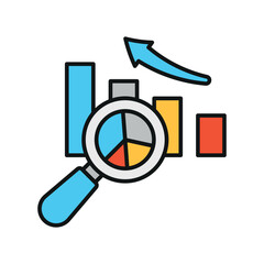 Pie chart with multicolor details and soft blue magnifier presents a fresh finance icon.