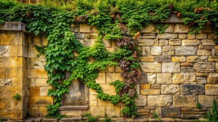 Weathered stone wall with ivy vines