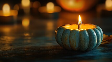 Small pumpkin candle on wooden table