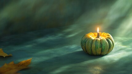 Small pumpkin candle in teal-toned setting