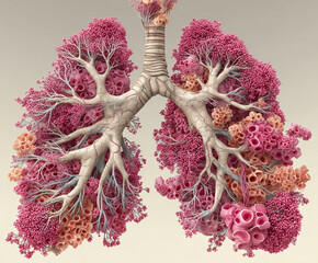 artistic rendering depicts the intricate branching structure of human lungs, alveoli as delicate coral-like formations. illustrates complexity of respiratory system.