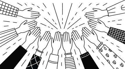 A collection of hands raised together with radiating lines above them all