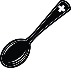 Black and white illustration of a spoon with a medical cross