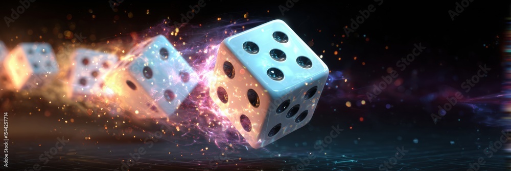 Poster rolling dice travel through a vibrant cyberspace tunnel filled with glowing sparks and energy in a d