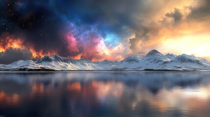 Colorful mountain range reflecting on a still lake at dawn