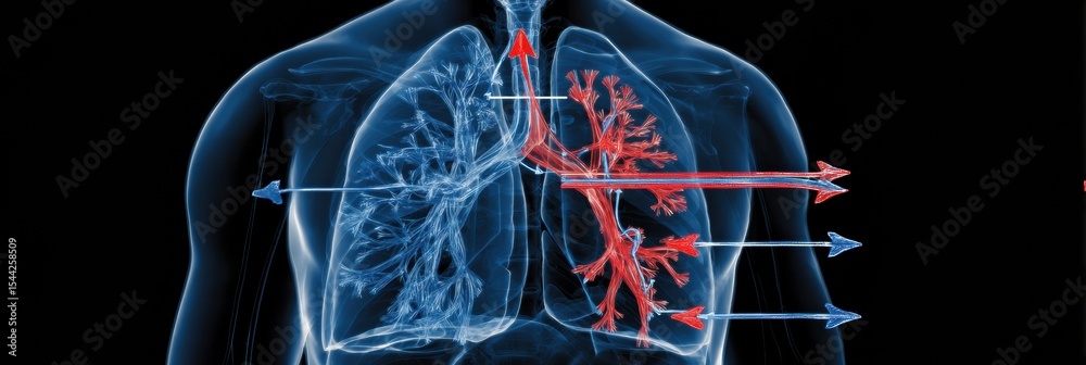 Aufkleber anatomical lung diagram illustrating air flow with arrows showing inhalation and exhalation processe