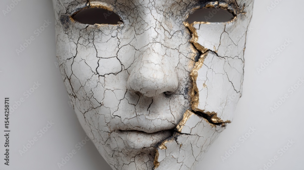 Aufkleber Porcelain Face With Intricate Cracks and a Lightning Design Against an Empty Background