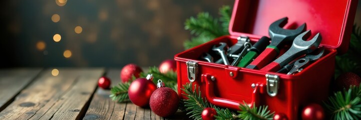 Red toolbox filled with tools, nestled amongst Christmas baubles, on wood , baubles, santa, reindeer