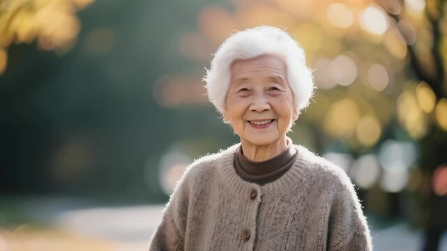 A close-up of a smiling white-haired Asian grandmother.