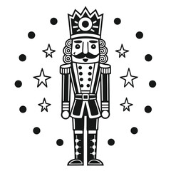 Elegant black and white illustration of a classic nutcracker soldier with festive stars