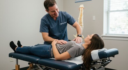 Chiropractor adjusting womans spine in clinic